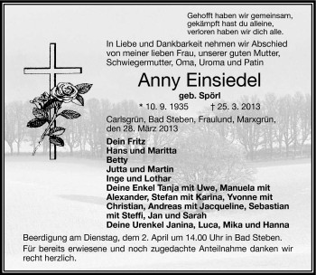 Traueranzeige von Anny Einsiedel von Frankenpost