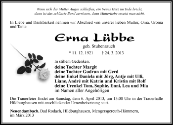 Traueranzeige von Erna Lübbe von Südthüringer Presse