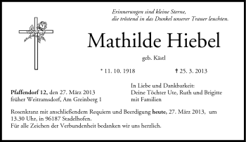 Traueranzeige von Mathilde Hiebel von Neue Presse Coburg