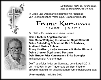 Traueranzeige von franz Kursawa von Südthüringer Presse