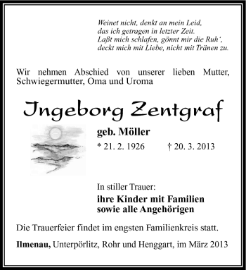 Traueranzeige von Ingeborg Zentgraf von Südthüringer Presse