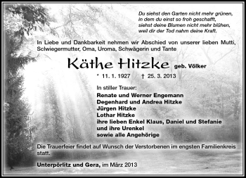 Traueranzeige von Käthe Hitzke von Südthüringer Presse
