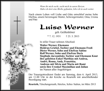 Traueranzeige von Luise Werner von Südthüringer Presse