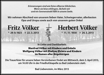 Traueranzeige von Fritz und Herbert Völker von Südthüringer Presse