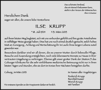 Traueranzeige von Ilse Krupp von Neue Presse Coburg
