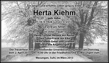 Traueranzeige von Herta Kiehm von Südthüringer Presse
