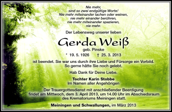 Traueranzeige von Gerda Weiß von Südthüringer Presse