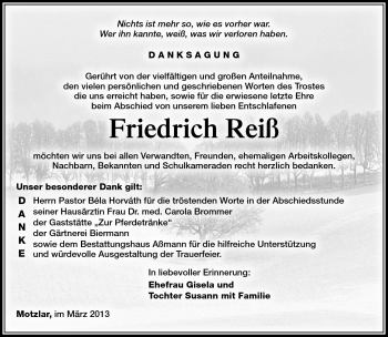 Traueranzeige von Friredrich Reiß von Südthüringer Presse