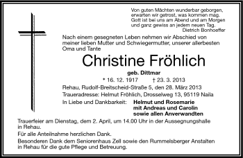 Traueranzeige von Christine Fröhlich von Frankenpost