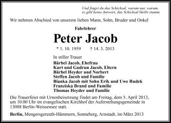 Traueranzeige von Peter Jacob von Südthüringer Presse