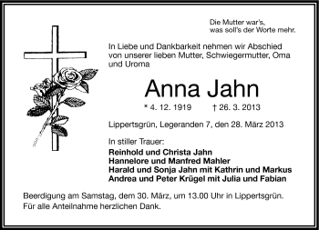 Traueranzeige von Anna Jahn von Frankenpost