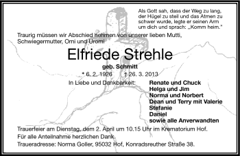 Traueranzeige von Elfriede Strehle von Frankenpost
