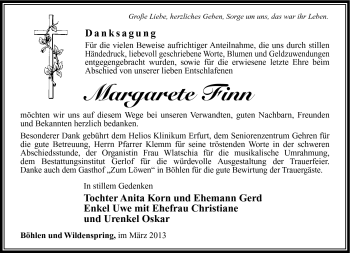 Traueranzeige von Margarete Finn von Südthüringer Presse