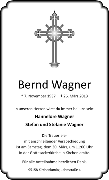 Traueranzeige von Bernd Wagner von Frankenpost