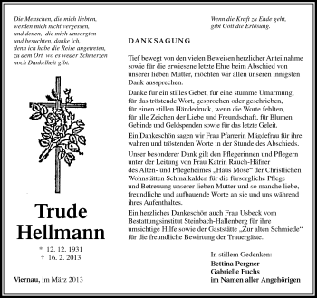 Traueranzeige von Trude Hellmann von Südthüringer Presse