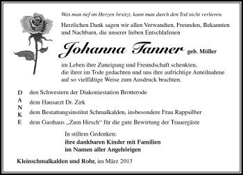 Traueranzeige von Johanna Tanner von Südthüringer Presse