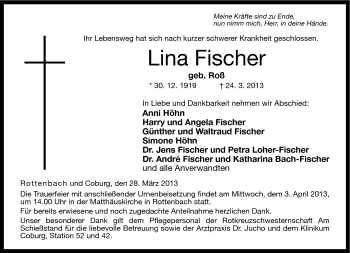 Traueranzeige von Lina Fischer von Neue Presse Coburg