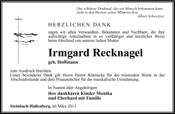 Traueranzeige von Irmgard Recknagel von Südthüringer Presse