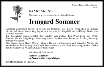 Traueranzeige von Irmgard sommer von Südthüringer Presse