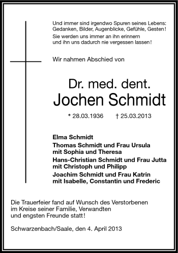 Traueranzeige von Jochen Schmidt von Frankenpost