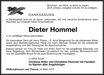 Traueranzeige von Dieter Hommel von Südthüringer Presse