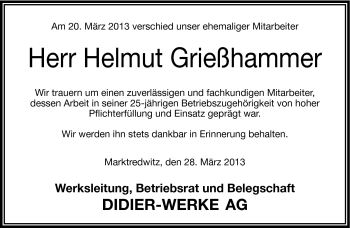 Traueranzeige von Helmut Grießhammer von Frankenpost