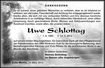 Traueranzeige von Uwe Schlottag von Südthüringer Presse