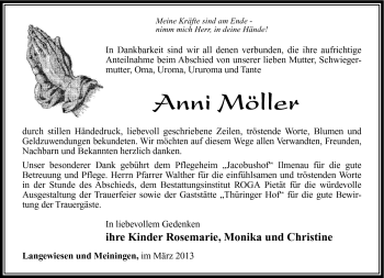 Traueranzeige von Anni Möller von Südthüringer Presse