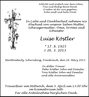 Traueranzeige von Luise Köstler von Frankenpost