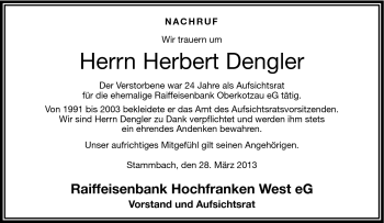 Traueranzeige von Herbert Dengler von Frankenpost