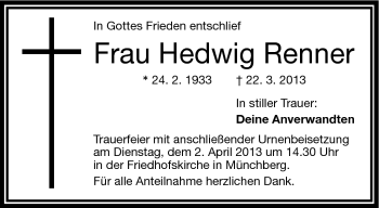 Traueranzeige von Hedwig Renner von Frankenpost