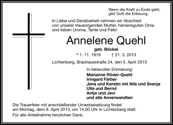 Traueranzeige von Annelene Quehl von Frankenpost