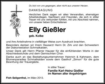 Traueranzeige von Elly Gießler von Südthüringer Presse