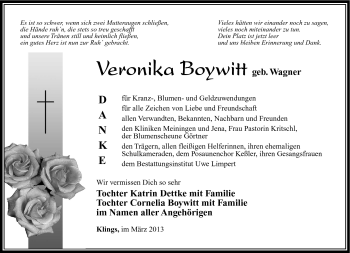 Traueranzeige von Veronika Boywitt von Südthüringer Presse