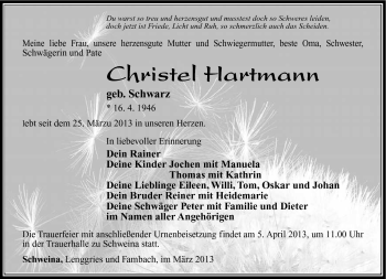 Traueranzeige von Christel Hartmann von Südthüringer Presse