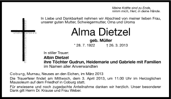 Traueranzeige von Alma Dietzel von Neue Presse Coburg