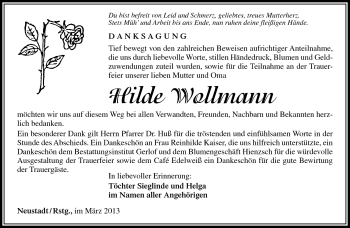 Traueranzeige von Hilde Wollmann von Südthüringer Presse