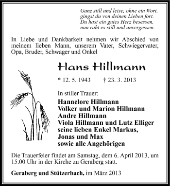 Traueranzeige von Hans Hillmann von Südthüringer Presse
