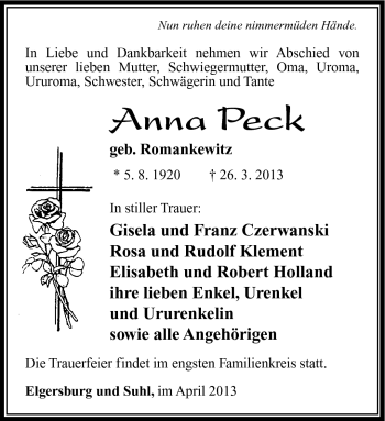 Traueranzeige von Anna Peck von Südthüringer Presse
