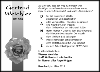 Traueranzeige von Gertrud Weichler von Südthüringer Presse