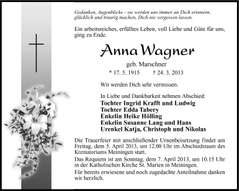 Traueranzeige von Anna Wagner von Südthüringer Presse