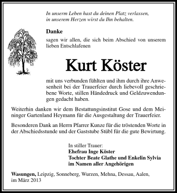 Traueranzeige von Kurt Köster von Südthüringer Presse