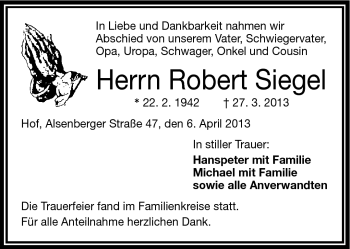 Traueranzeige von Robert Siegel von Frankenpost