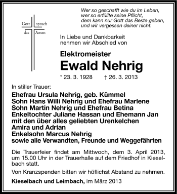 Traueranzeige von Ewald Nehrig von Südthüringer Presse