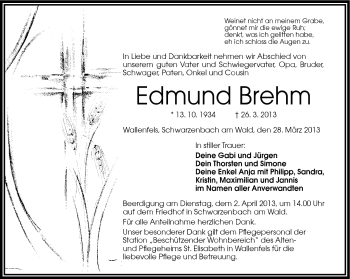 Traueranzeige von Edmund Brehm von Frankenpost