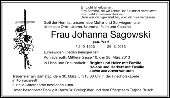 Traueranzeige von Johanna Sagowski von Frankenpost