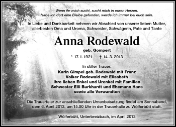 Traueranzeige von Anna Rodewald von Südthüringer Presse