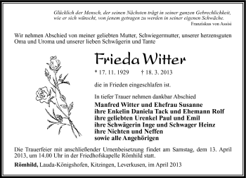 Traueranzeige von Frieda Witter von Südthüringer Presse
