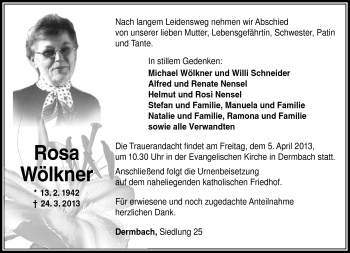 Traueranzeige von Rosa Wölkner von Südthüringer Presse