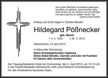 Traueranzeige von Hildegard Pößnecker von Frankenpost